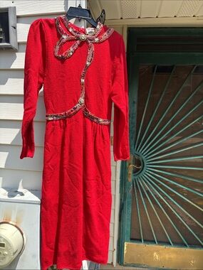 Vintage Pat Sandler Red Long Sleeve Dress with Decorative Embellishment